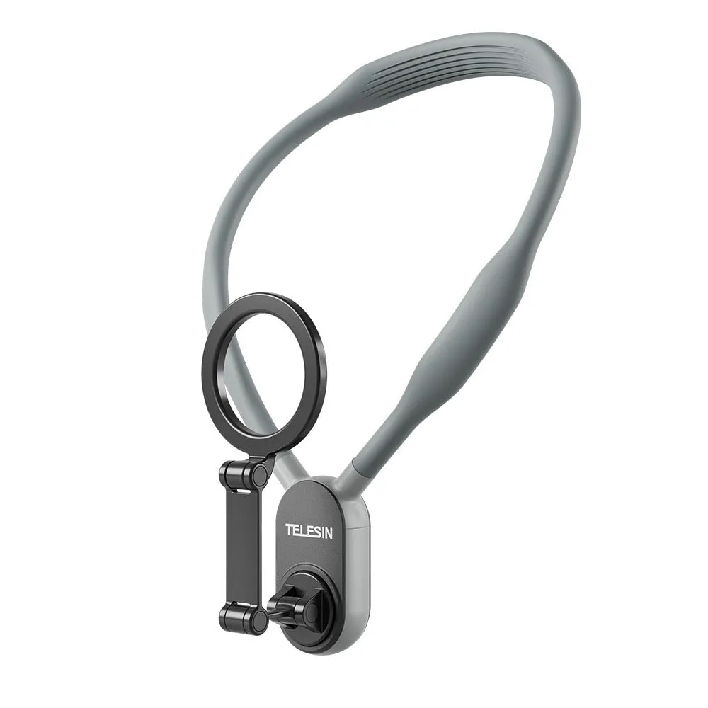 Silicone magnetic phone neck mount with aluminium strip and safety rope in grey or blue