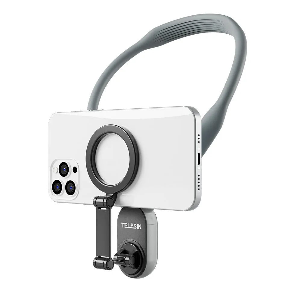 Silicone magnetic phone neck mount with aluminium strip and safety rope in grey or blue