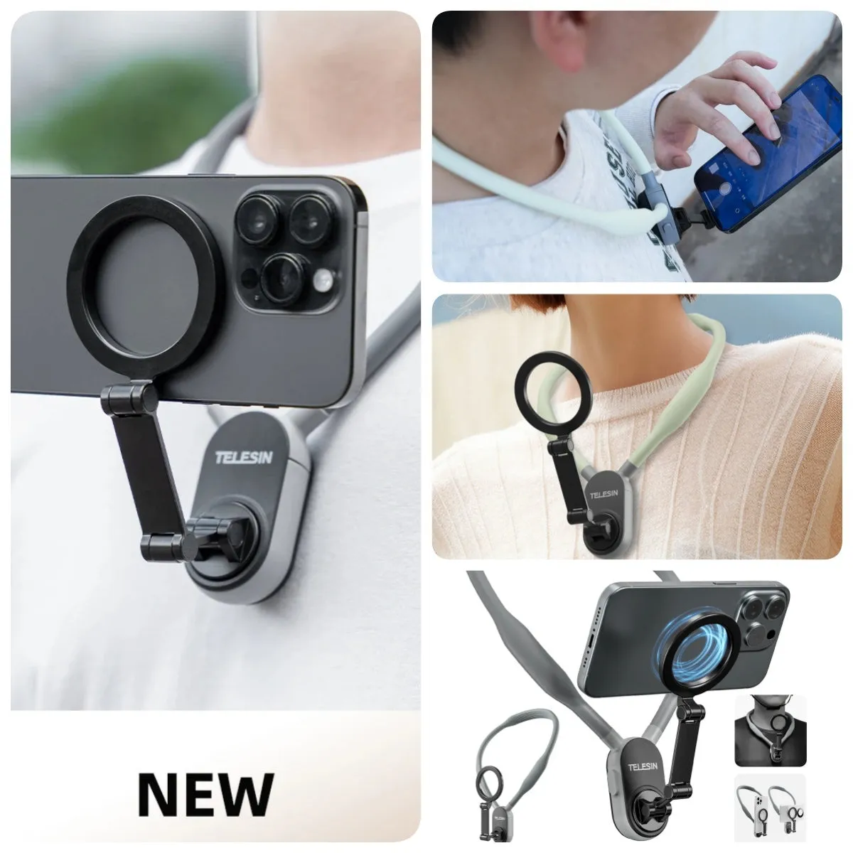 Silicone magnetic phone neck mount with aluminium strip and safety rope in grey or blue