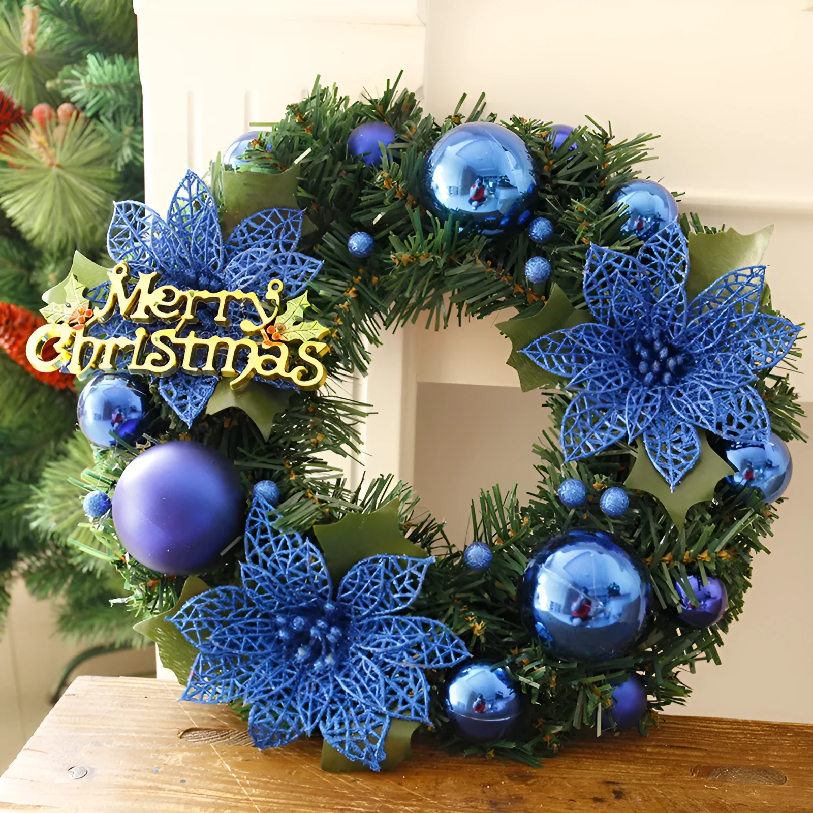 Multicolour plastic Christmas wreath with a 30cm diameter, shown in one of six available colour options