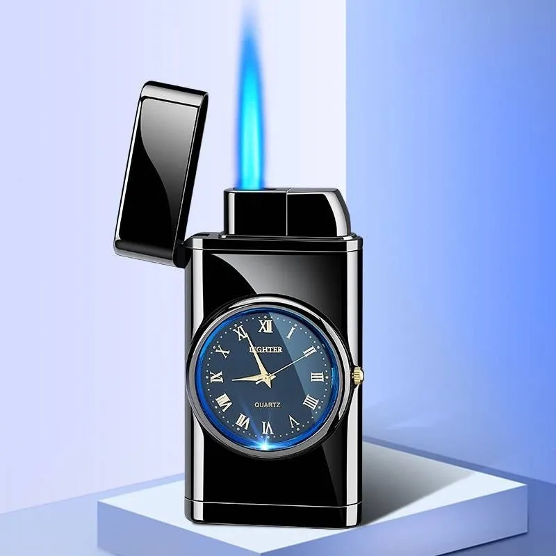 Men's wristwatch lighter with electric ignition and adjustable blue flame on zinc alloy case
