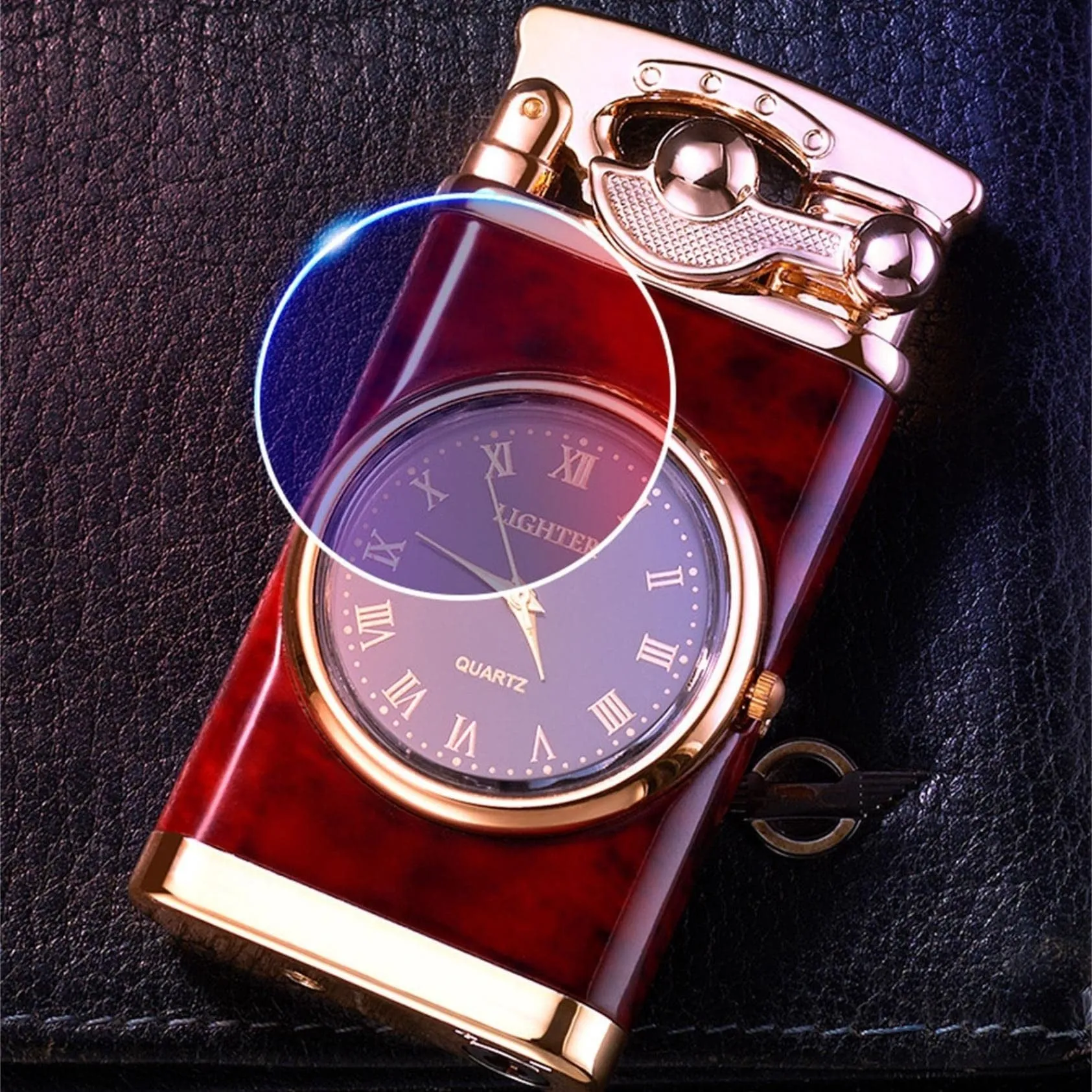 Men's wristwatch lighter with electric ignition and adjustable blue flame on zinc alloy case