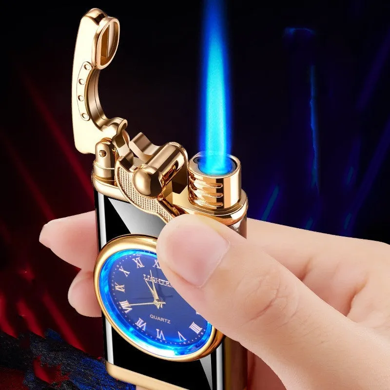 Men's wristwatch lighter with electric ignition and adjustable blue flame on zinc alloy case