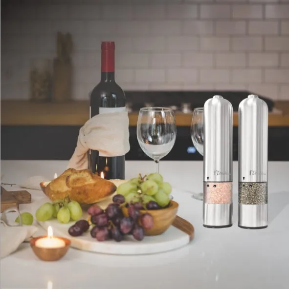 Stainless steel electric pepper grinder with natural colour finish, showing adjustable coarseness dial.