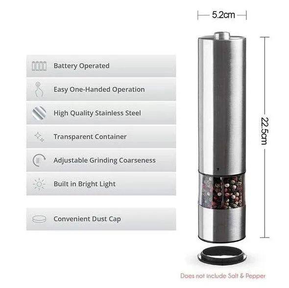 Stainless steel electric pepper grinder with natural colour finish, showing adjustable coarseness dial.