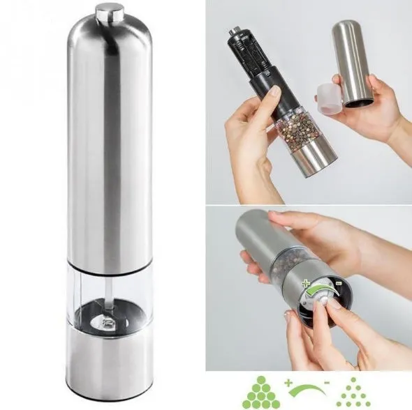 Stainless steel electric pepper grinder with natural colour finish, showing adjustable coarseness dial.