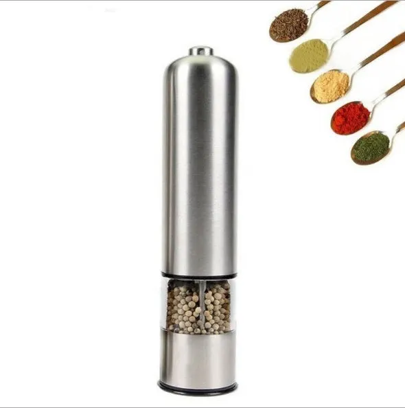 Stainless steel electric pepper grinder with natural colour finish, showing adjustable coarseness dial.