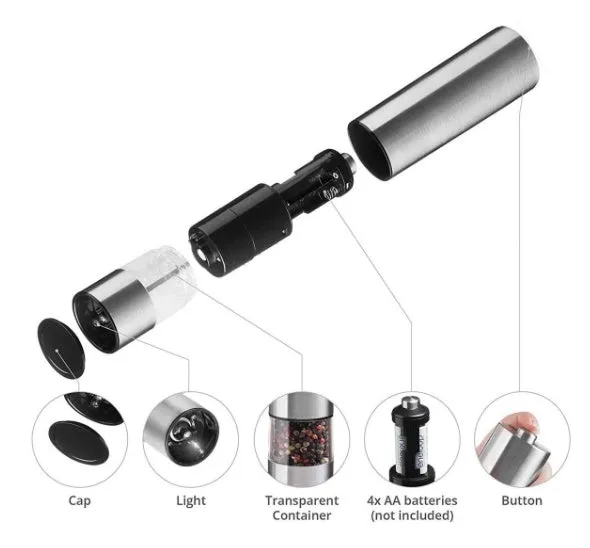 Stainless steel electric pepper grinder with natural colour finish, showing adjustable coarseness dial.