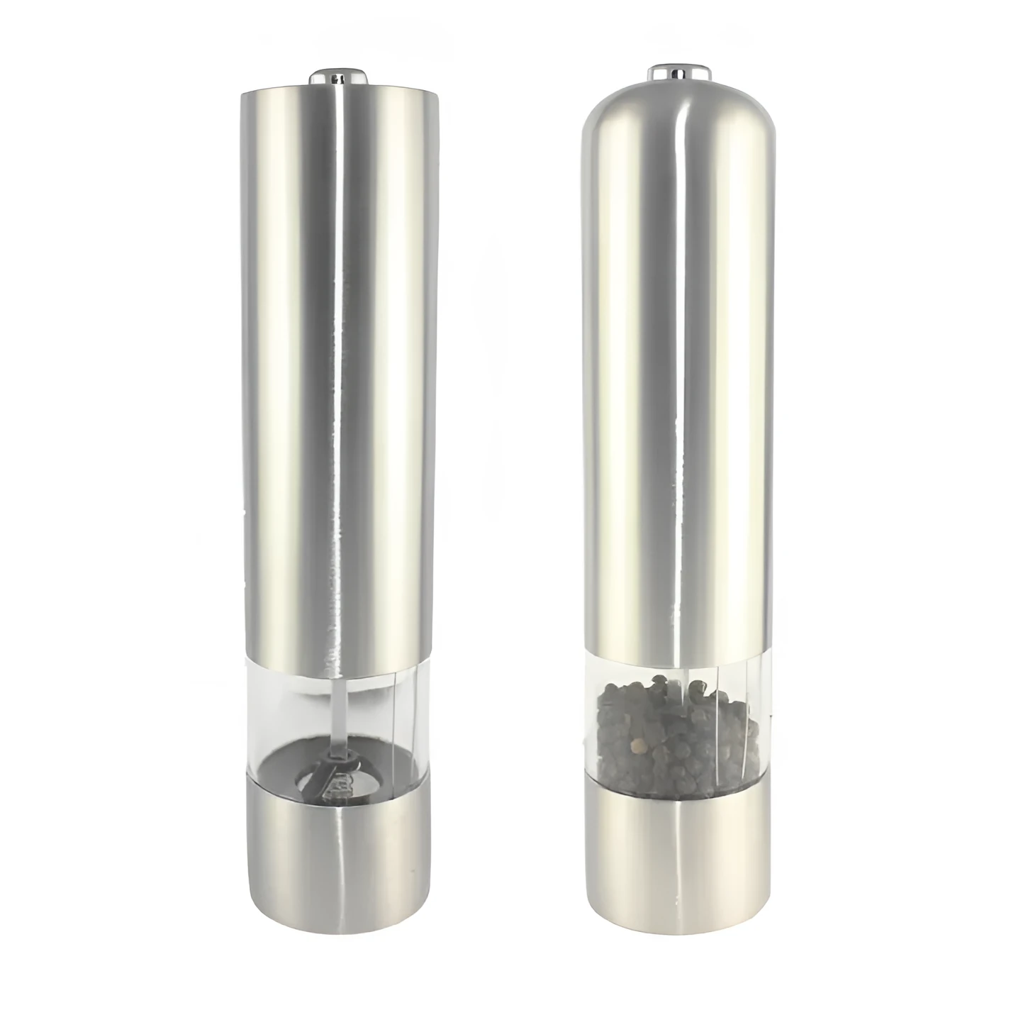 Stainless steel electric pepper grinder with natural colour finish, showing adjustable coarseness dial.