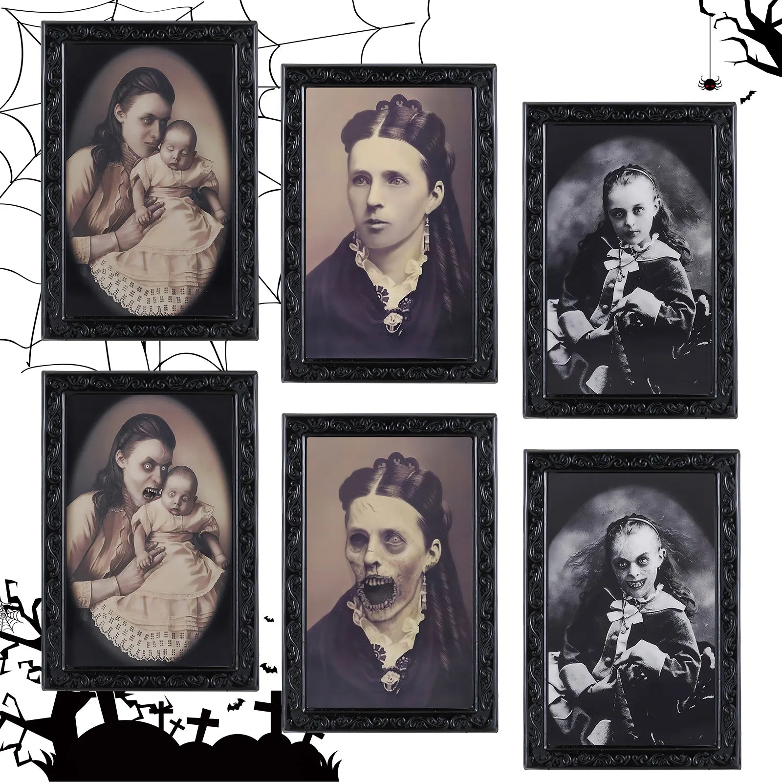 Halloween 3D changing face portrait frame showing hidden ghost reveal in retro black plastic frame