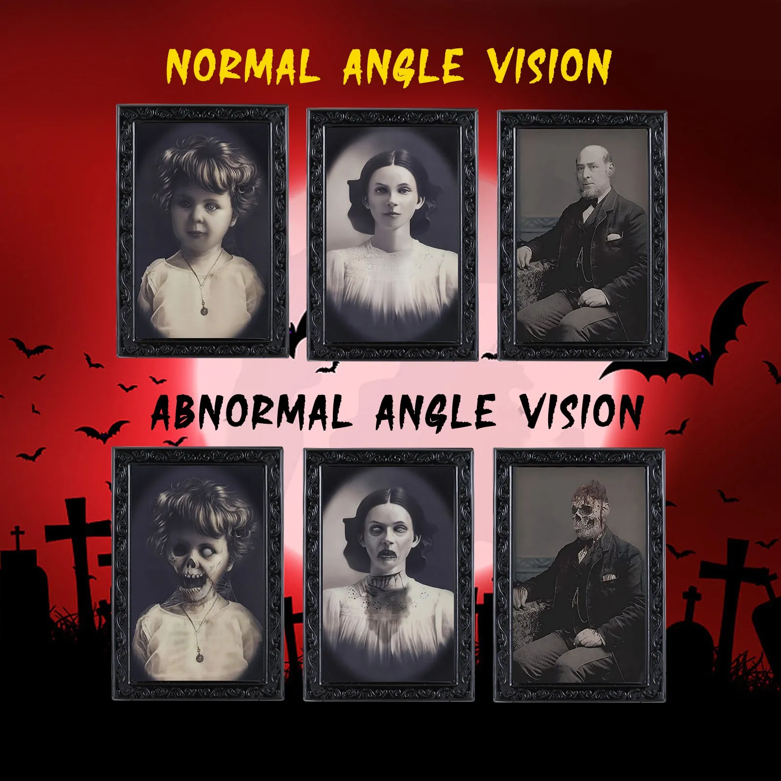 Halloween 3D changing face portrait frame showing hidden ghost reveal in retro black plastic frame