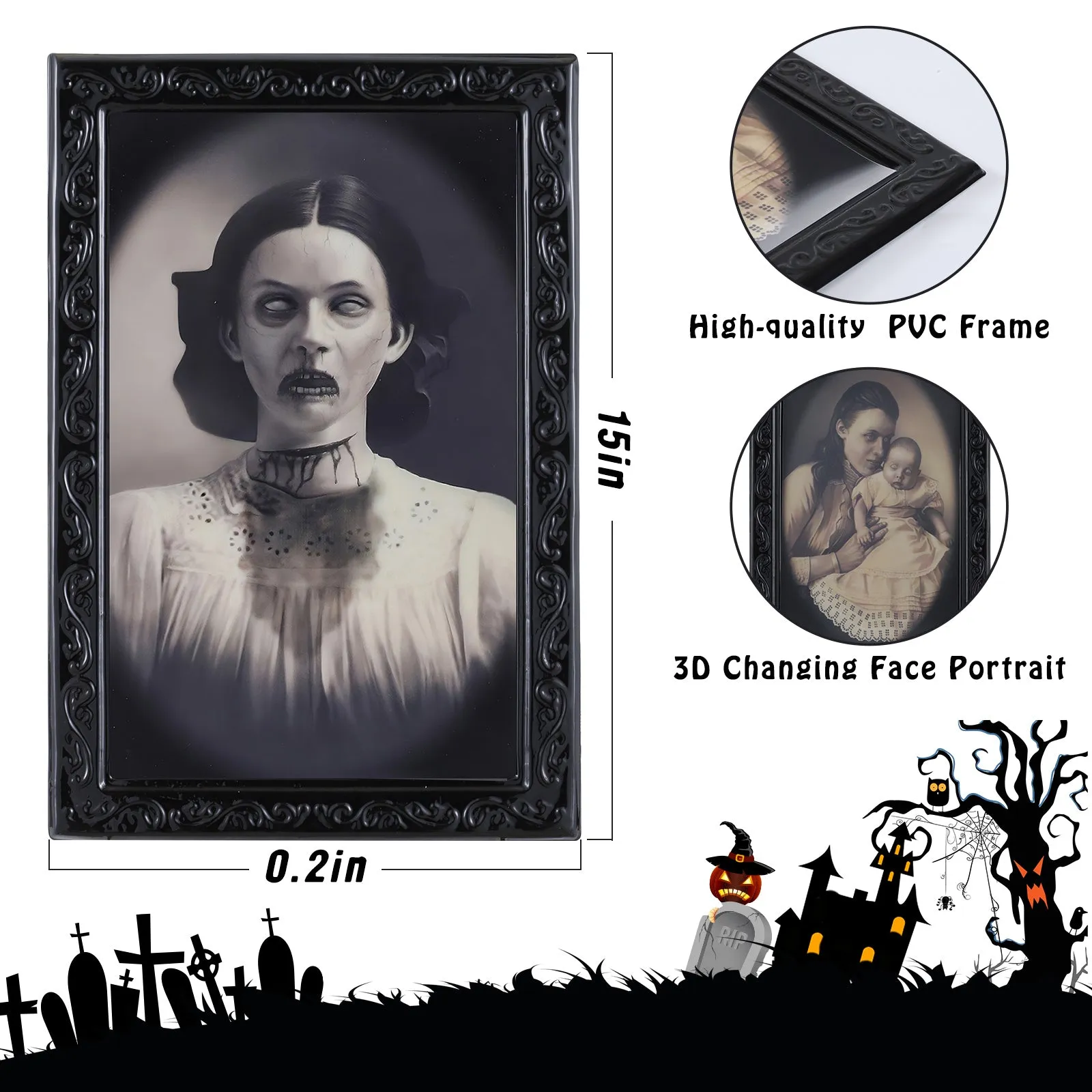 Halloween 3D changing face portrait frame showing hidden ghost reveal in retro black plastic frame