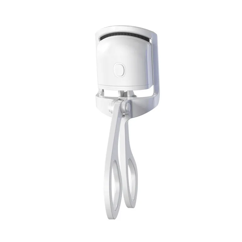 White USB heated eyelash curler with dual temperature buttons and safety insulating slots.