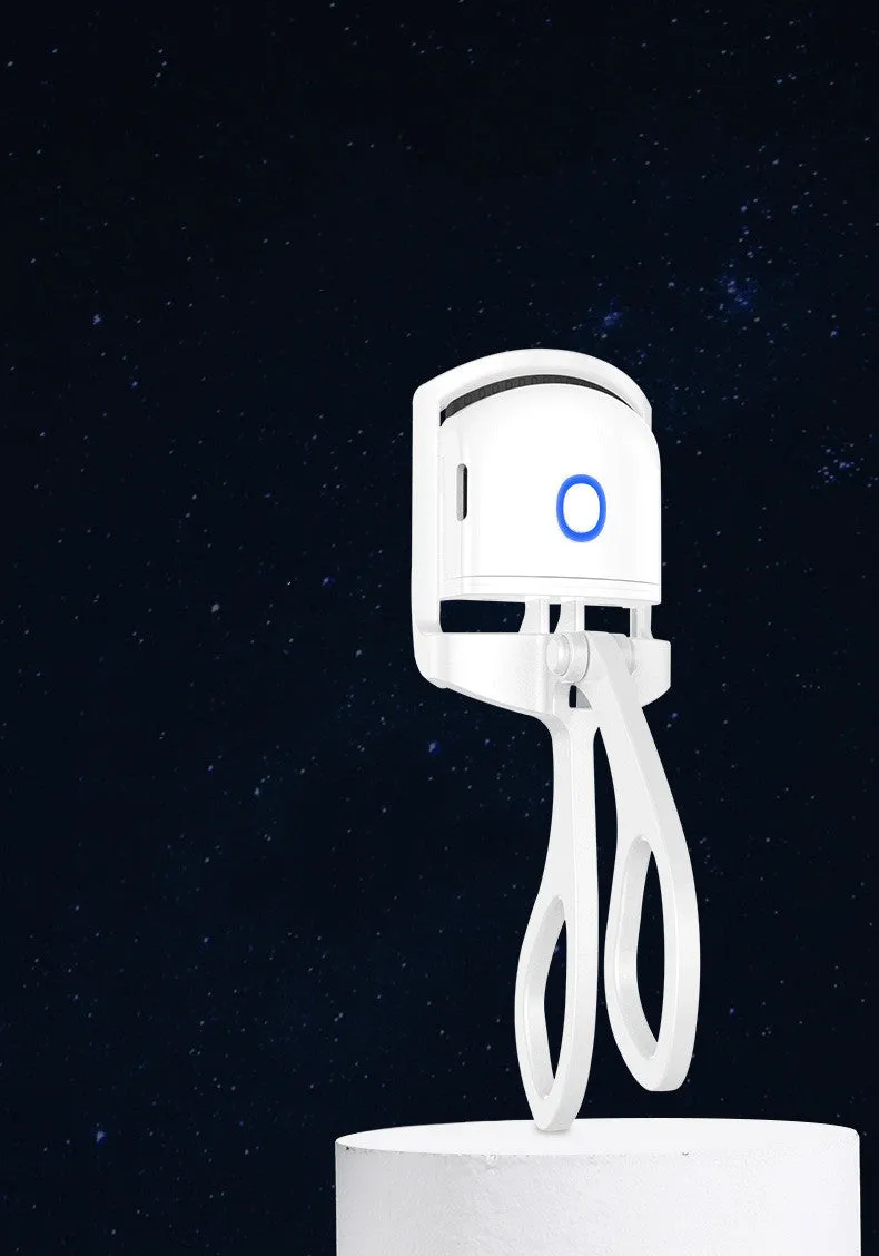 White USB heated eyelash curler with dual temperature buttons and safety insulating slots.