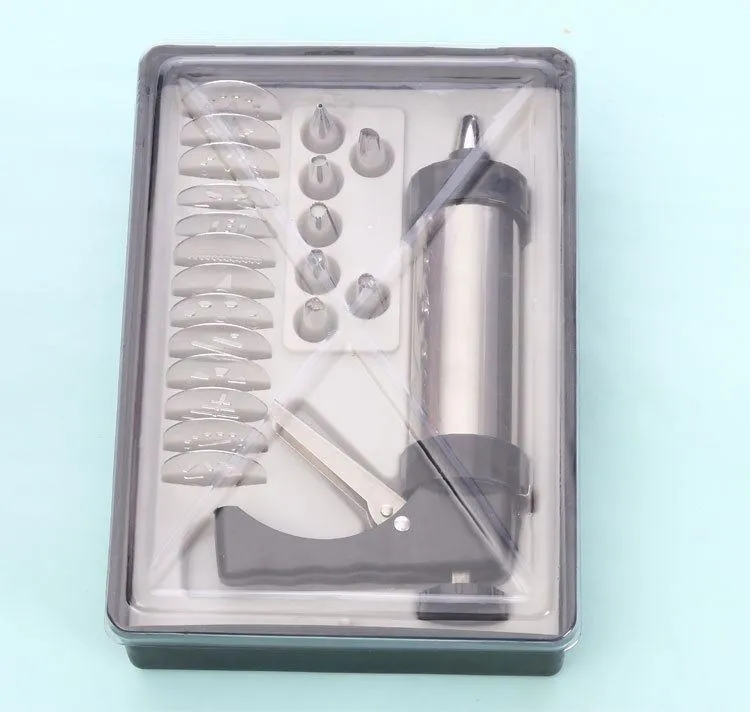 Stainless steel biscuit press cookie machine with 13 moulds and 8 nozzles in a gift box