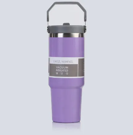 30oz insulated stainless steel travel tumbler with handle, shown in dark pink with a black sliding lid.