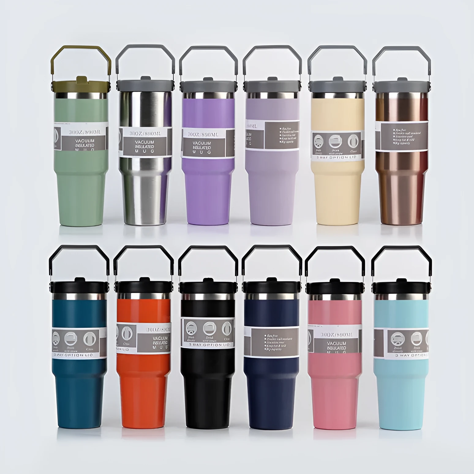 30oz insulated stainless steel travel tumbler with handle, shown in dark pink with a black sliding lid.