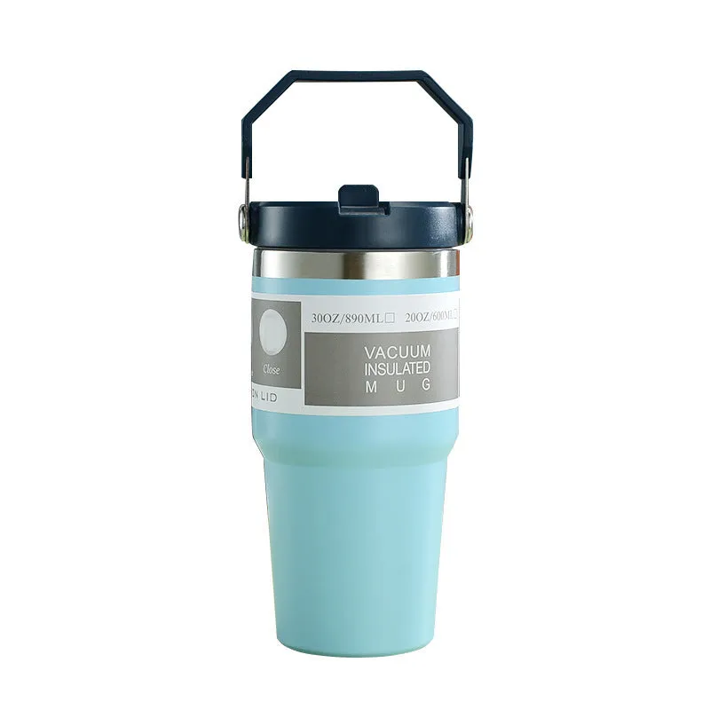 30oz insulated stainless steel travel tumbler with handle, shown in dark pink with a black sliding lid.