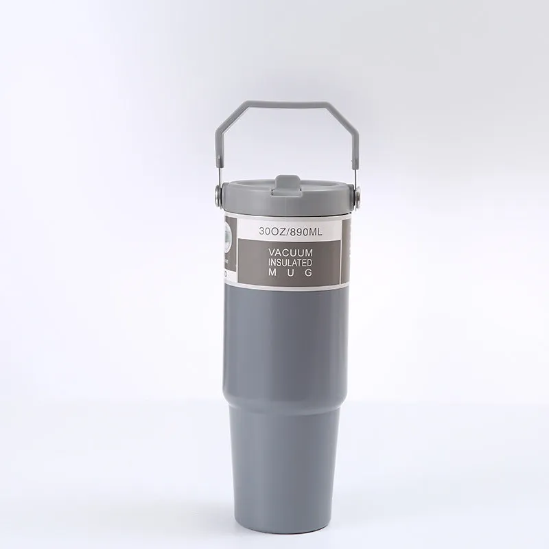 30oz insulated stainless steel travel tumbler with handle, shown in dark pink with a black sliding lid.