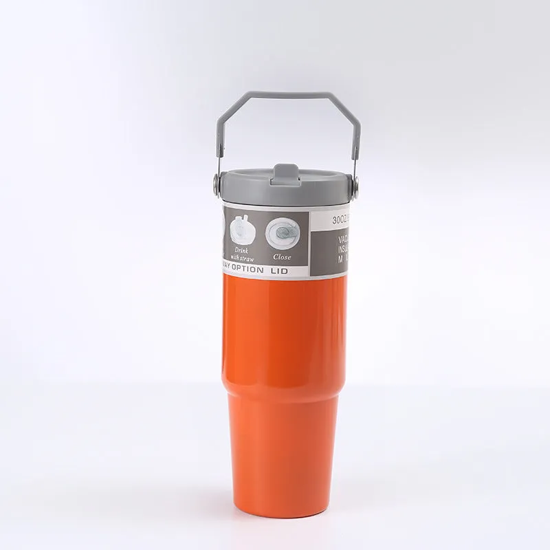30oz insulated stainless steel travel tumbler with handle, shown in dark pink with a black sliding lid.