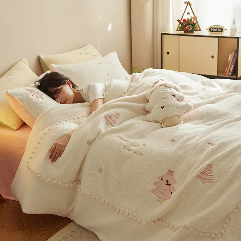 Green and pink Christmas tree printed milk fibre bedding set with quilt cover, sheet, and pillowcases.