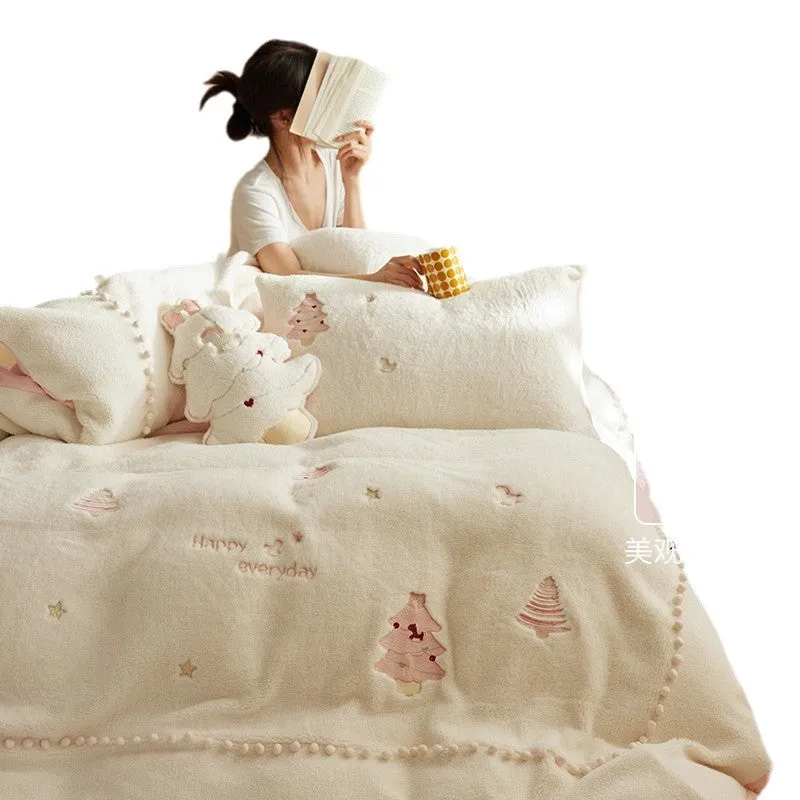 Green and pink Christmas tree printed milk fibre bedding set with quilt cover, sheet, and pillowcases.