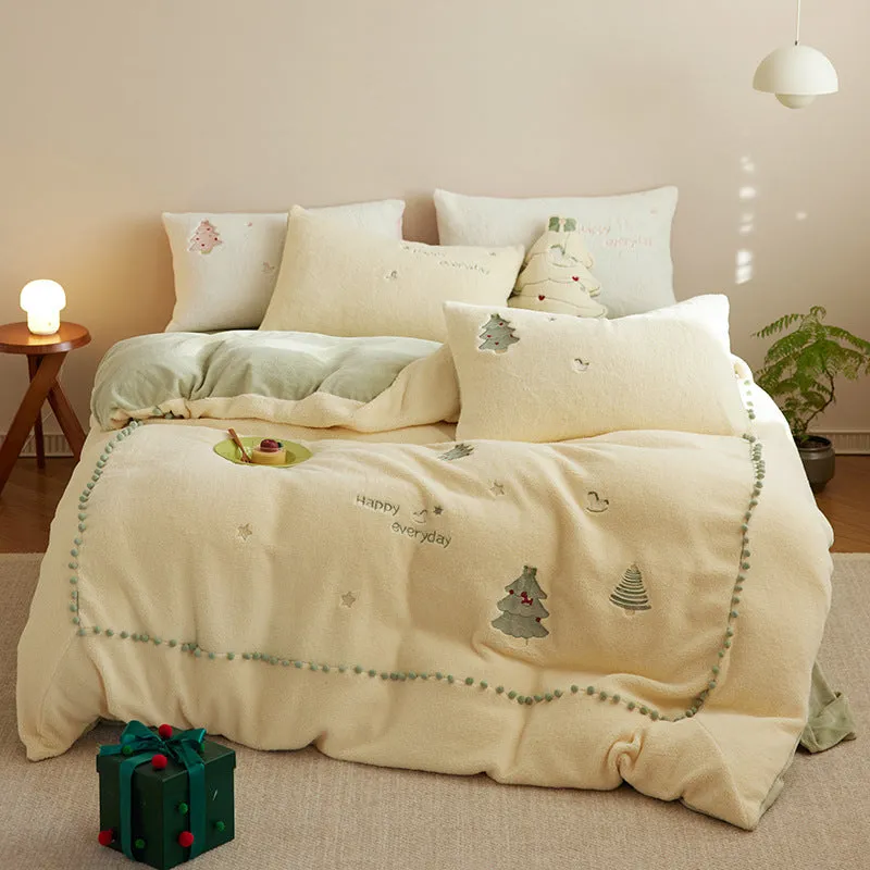 Green and pink Christmas tree printed milk fibre bedding set with quilt cover, sheet, and pillowcases.