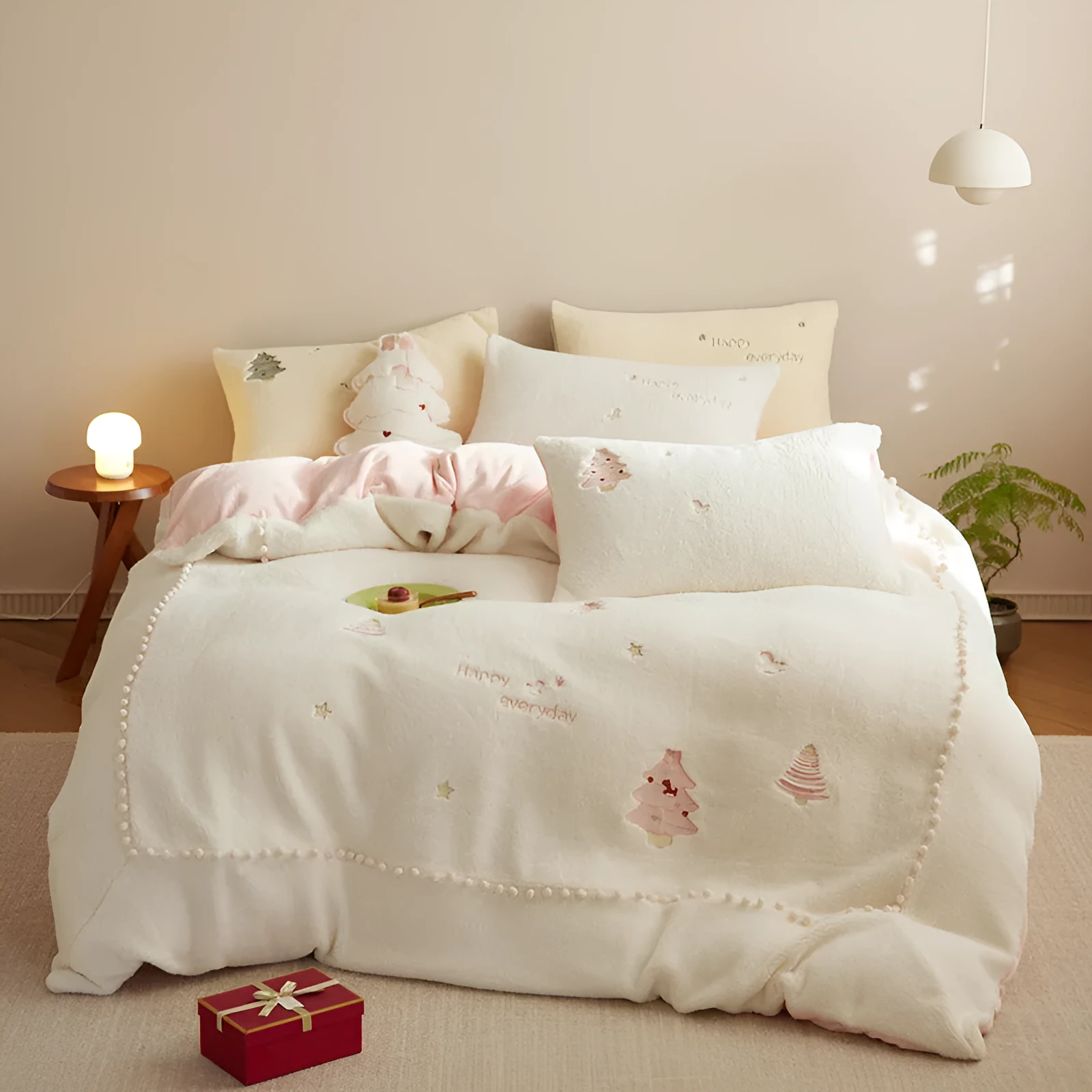 Green and pink Christmas tree printed milk fibre bedding set with quilt cover, sheet, and pillowcases.