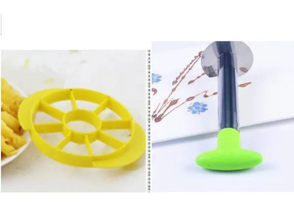 Stainless steel pineapple corer slicer with coloured ABS handle on a kitchen counter