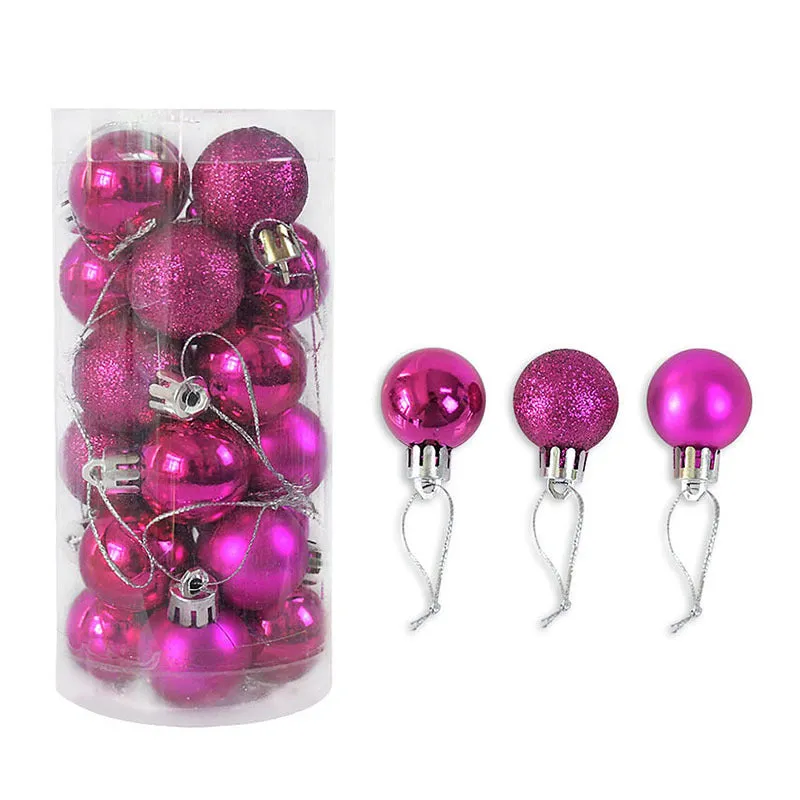 Assorted shiny red, gold, silver, and blue 3 cm Christmas baubles in a box and a storage barrel.