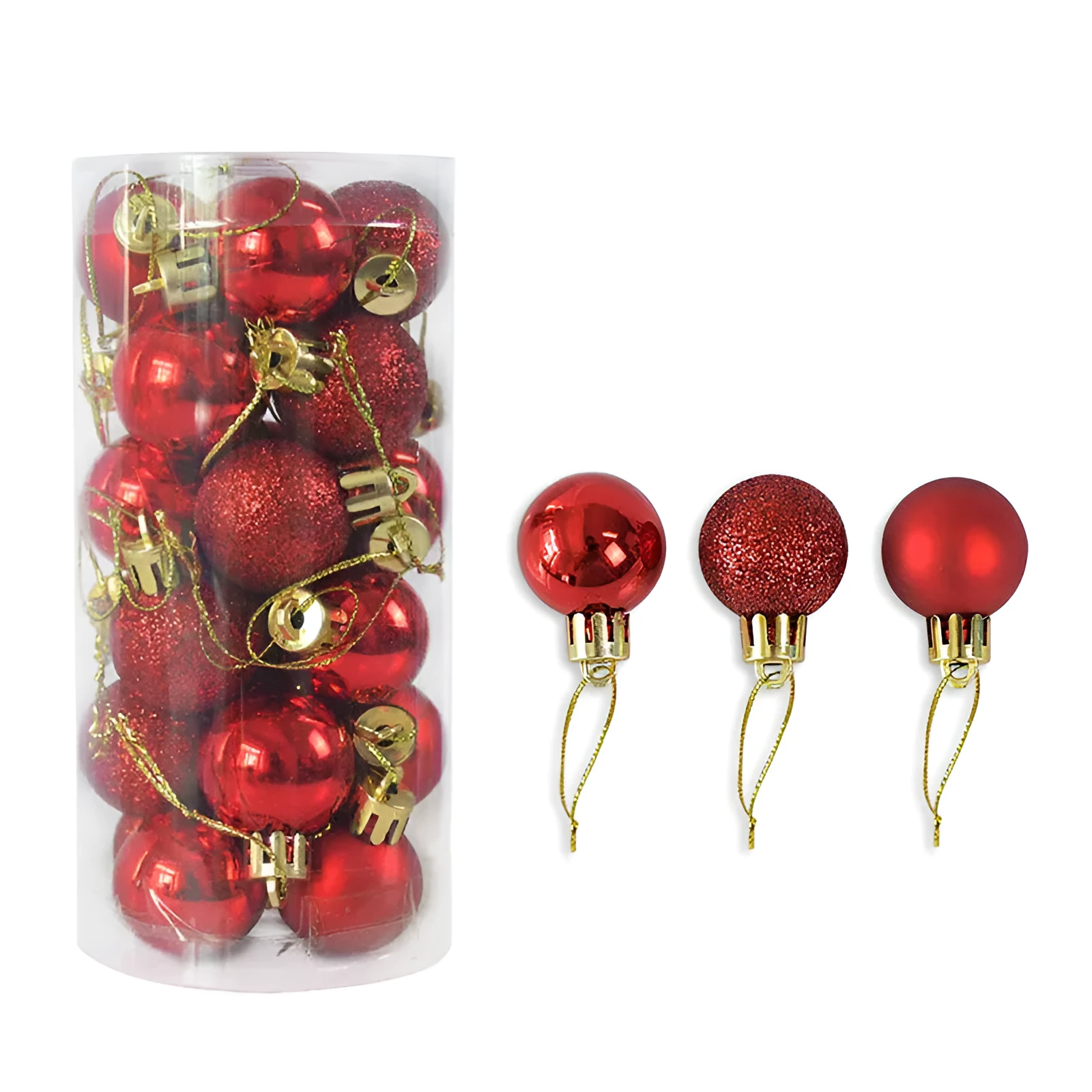 Assorted shiny red, gold, silver, and blue 3 cm Christmas baubles in a box and a storage barrel.