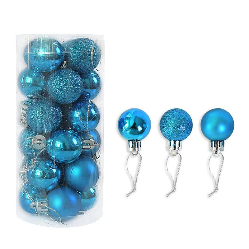 Assorted shiny red, gold, silver, and blue 3 cm Christmas baubles in a box and a storage barrel.