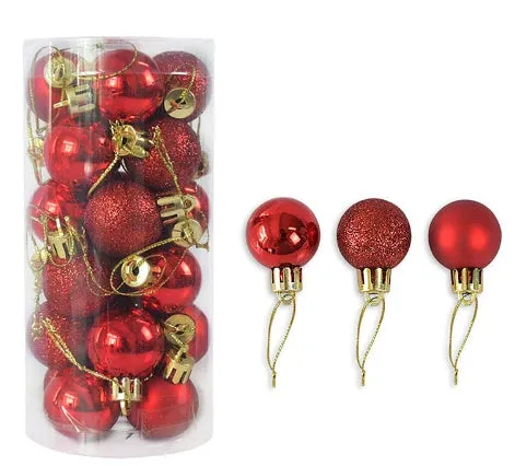 Assorted shiny red, gold, silver, and blue 3 cm Christmas baubles in a box and a storage barrel.