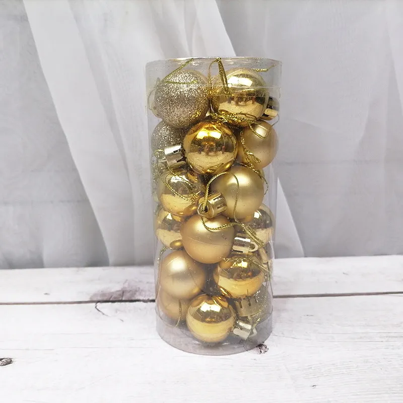 Assorted shiny red, gold, silver, and blue 3 cm Christmas baubles in a box and a storage barrel.