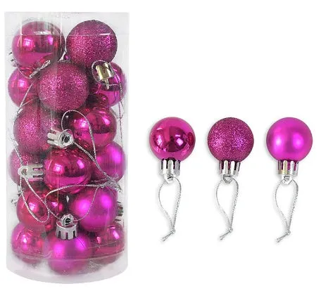 Assorted shiny red, gold, silver, and blue 3 cm Christmas baubles in a box and a storage barrel.