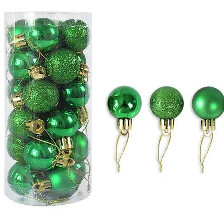 Assorted shiny red, gold, silver, and blue 3 cm Christmas baubles in a box and a storage barrel.