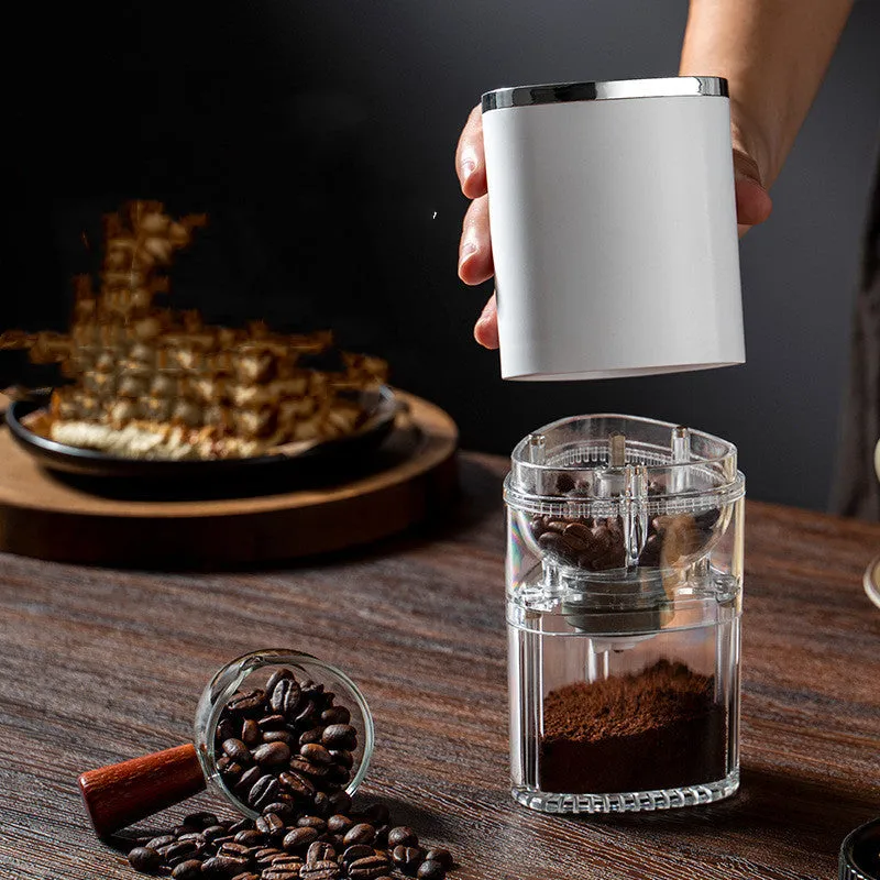 Portable white electric coffee grinder with ceramic burr and USB-C charging port