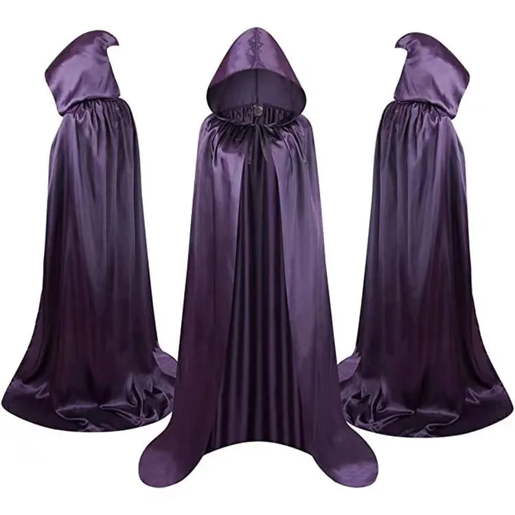 Reversible black satin hooded cloak for Halloween costume displayed flat.