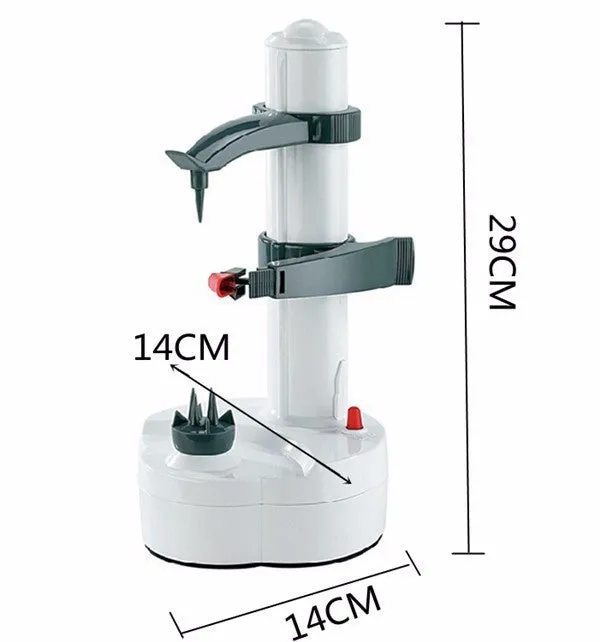 White electric fruit and vegetable peeler with stainless steel blades on a kitchen counter.