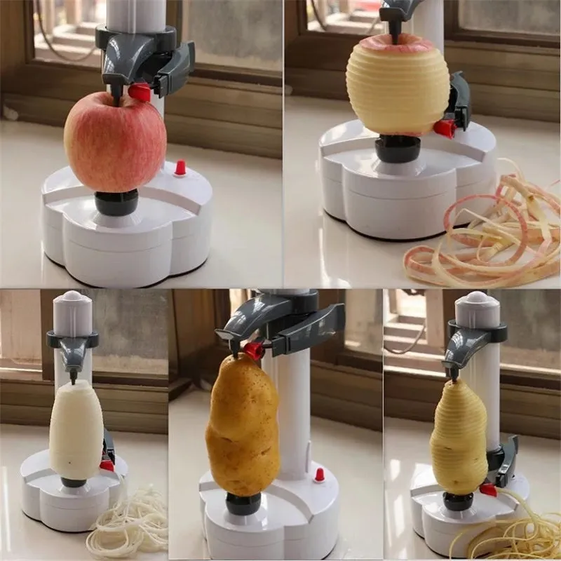 White electric fruit and vegetable peeler with stainless steel blades on a kitchen counter.