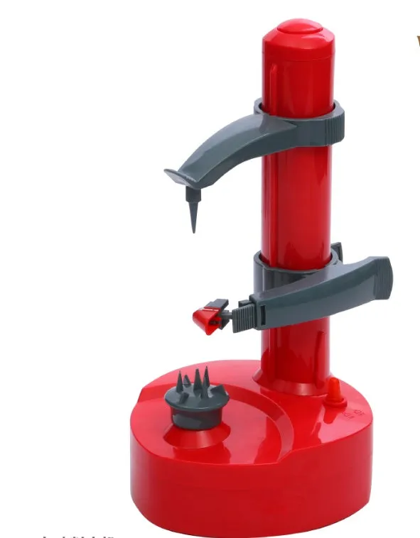 White electric fruit and vegetable peeler with stainless steel blades on a kitchen counter.