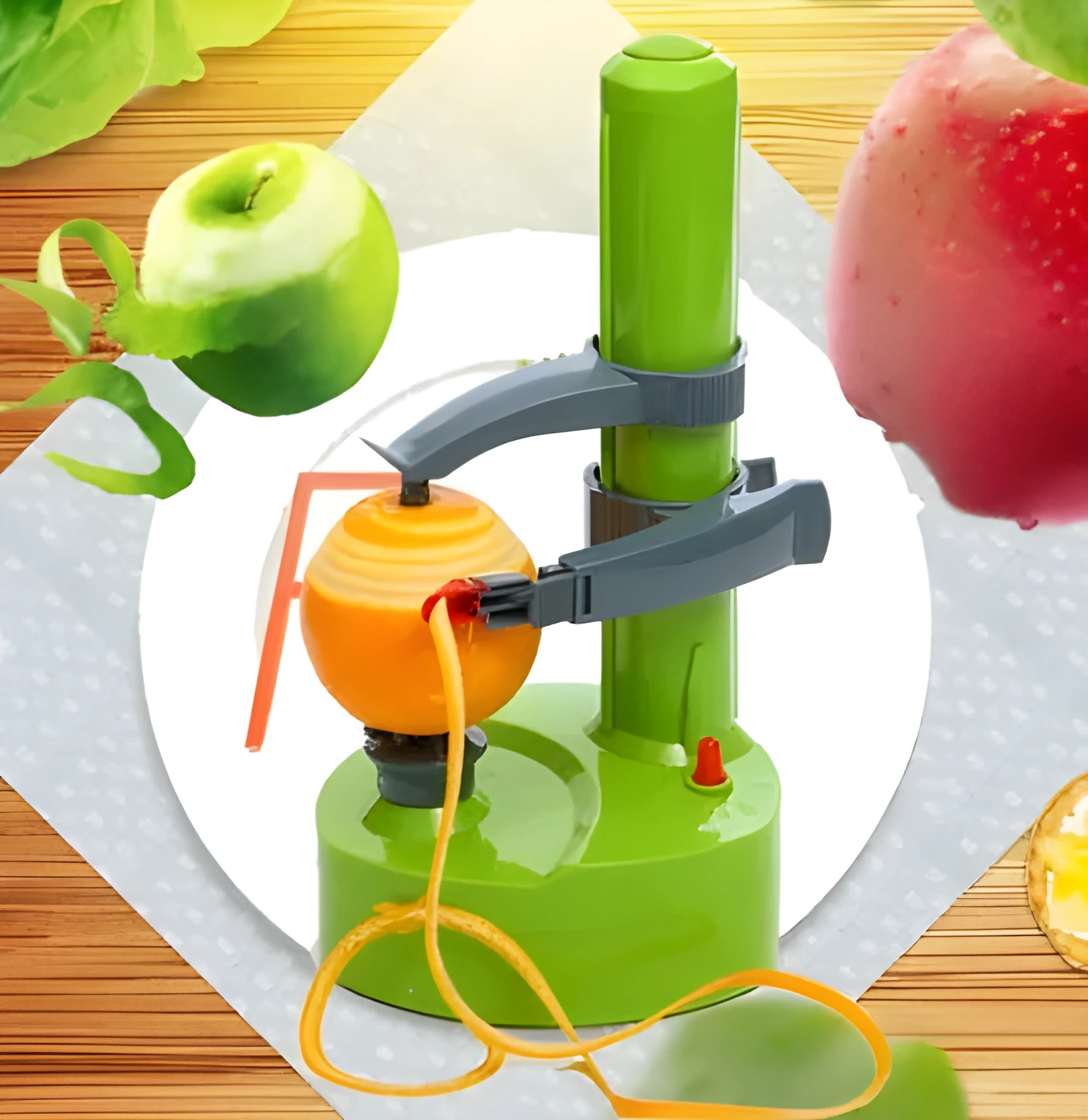 White electric fruit and vegetable peeler with stainless steel blades on a kitchen counter.