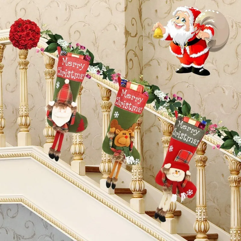 Three large Christmas stockings with Santa, Snowman and Reindeer designs hanging from a mantelpiece