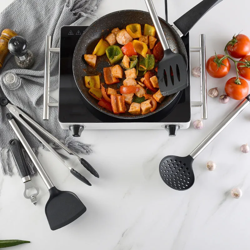 Black silicone spatula and spoon set with stainless steel handles - 16-piece kitchen utensil collection