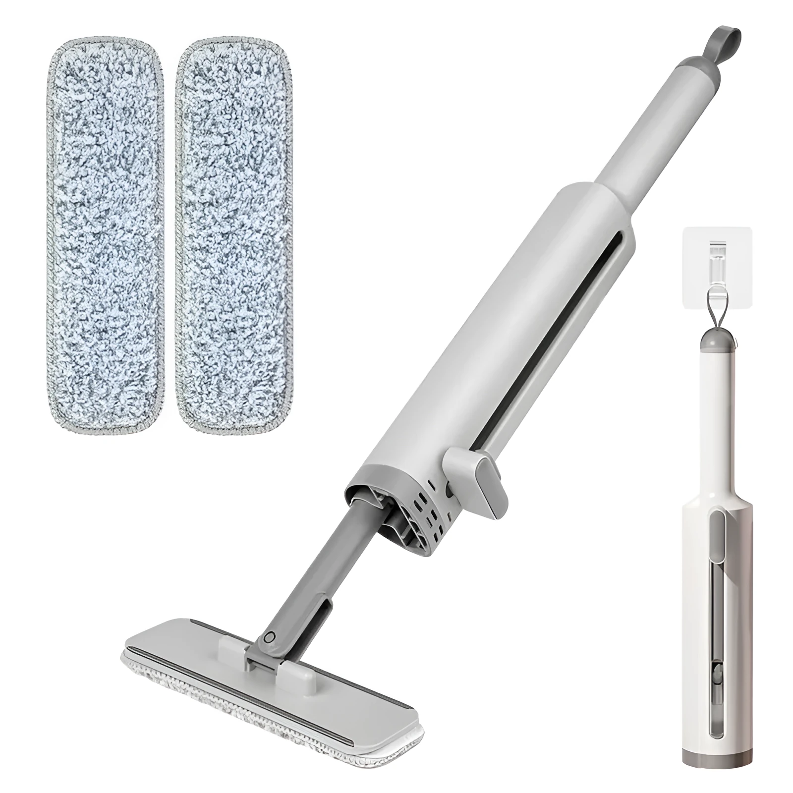 Pink rotatable self-squeeze mini flat mop with microfiber pad, shown extended to its full length.