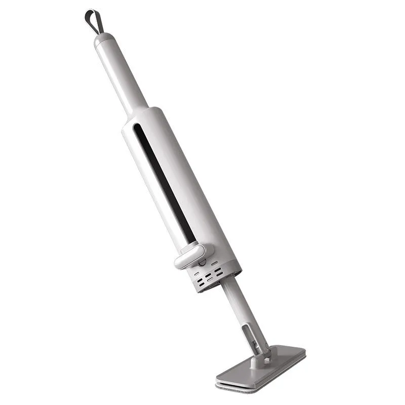 Pink rotatable self-squeeze mini flat mop with microfiber pad, shown extended to its full length.