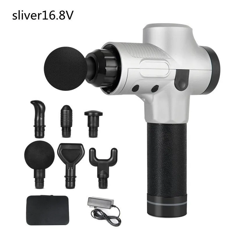 Black electric muscle massage gun with 7 different attachment heads on a table.