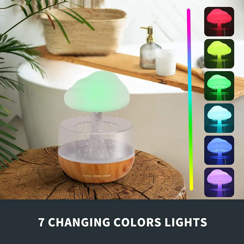 2-in-1 desk humidifier with raining cloud night light and essential oil diffuser in wood grain or white colour
