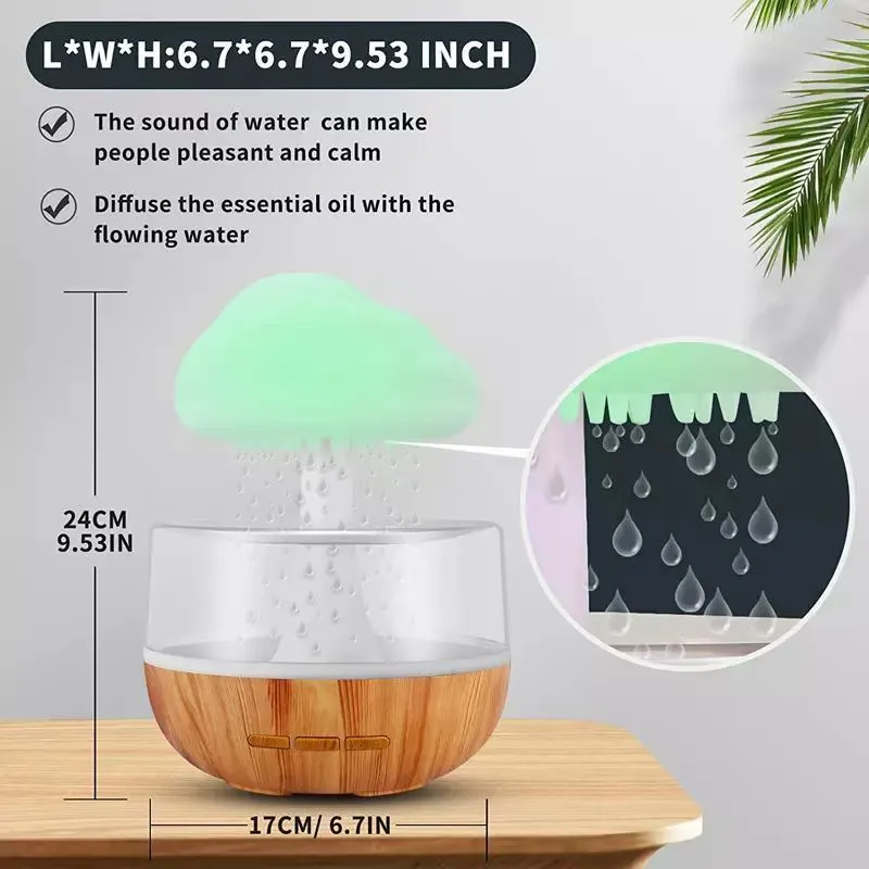 2-in-1 desk humidifier with raining cloud night light and essential oil diffuser in wood grain or white colour