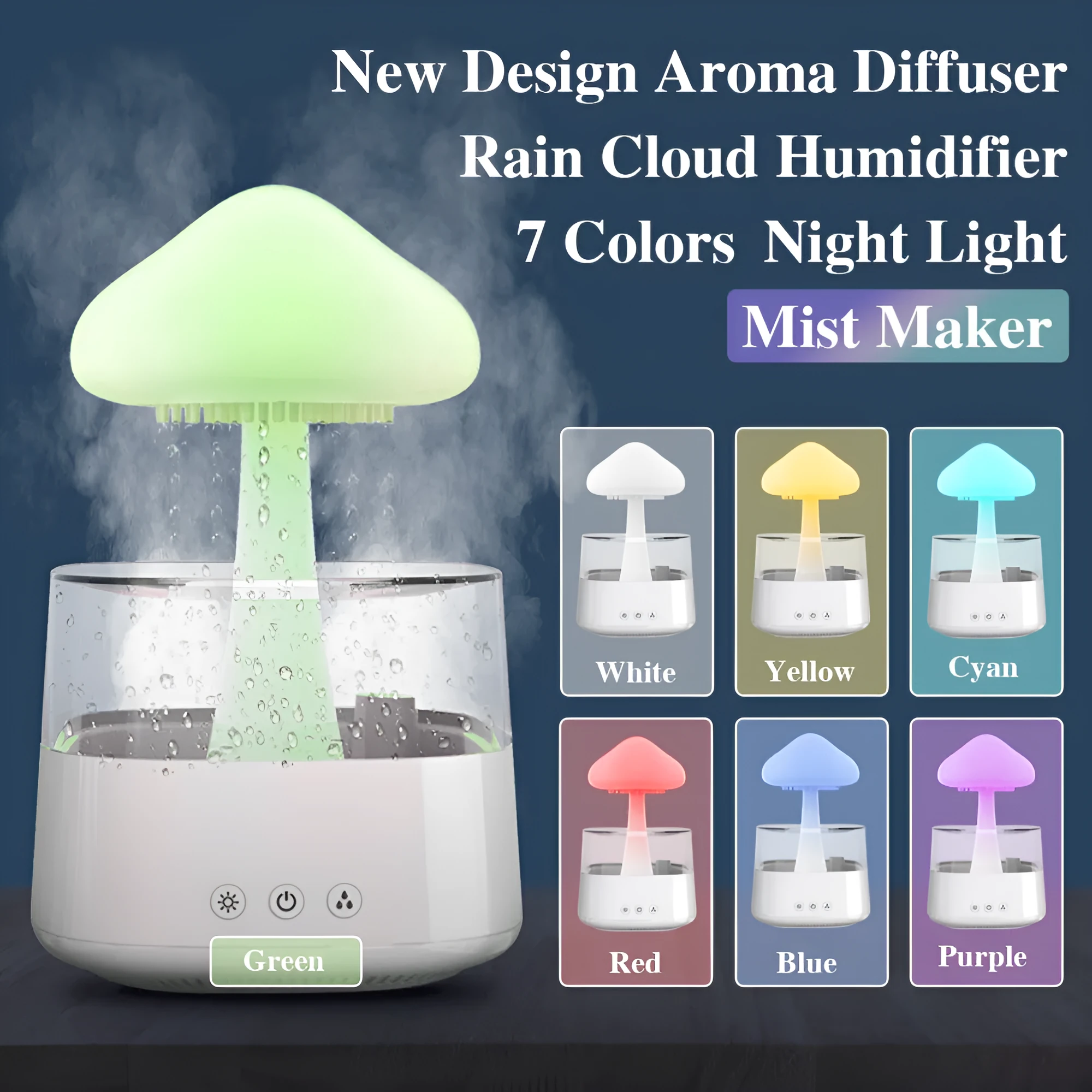 2-in-1 desk humidifier with raining cloud night light and essential oil diffuser in wood grain or white colour